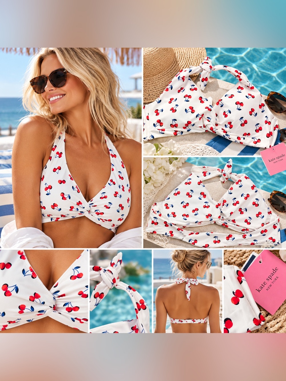 NWT SZ M Kate Spade New York Cherry-Print Knotted Halter Bikini Top